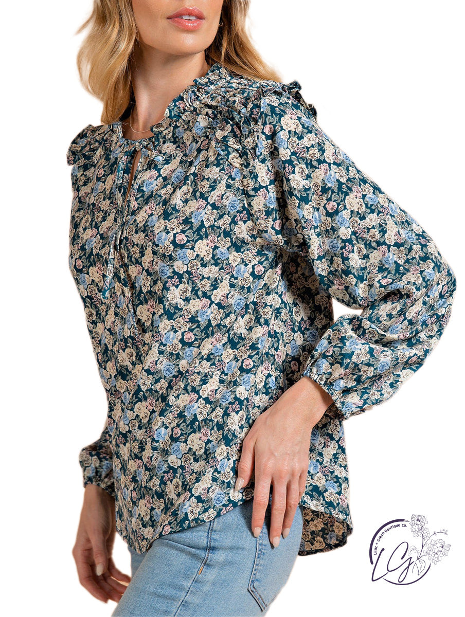 Floral Fantasy Tie-Neck Blouse