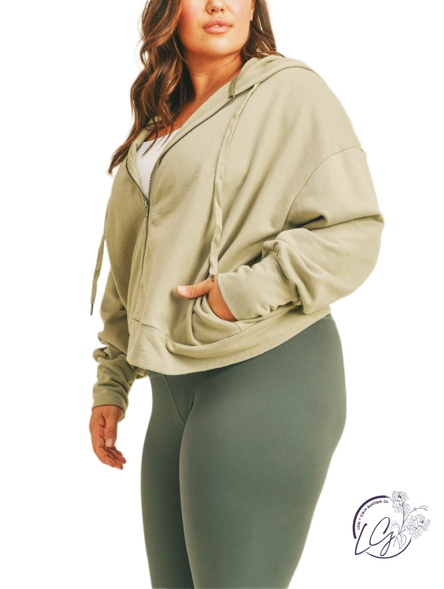 Curvy Boxy Cropped Cotton French Terry Zip Up Hoodie