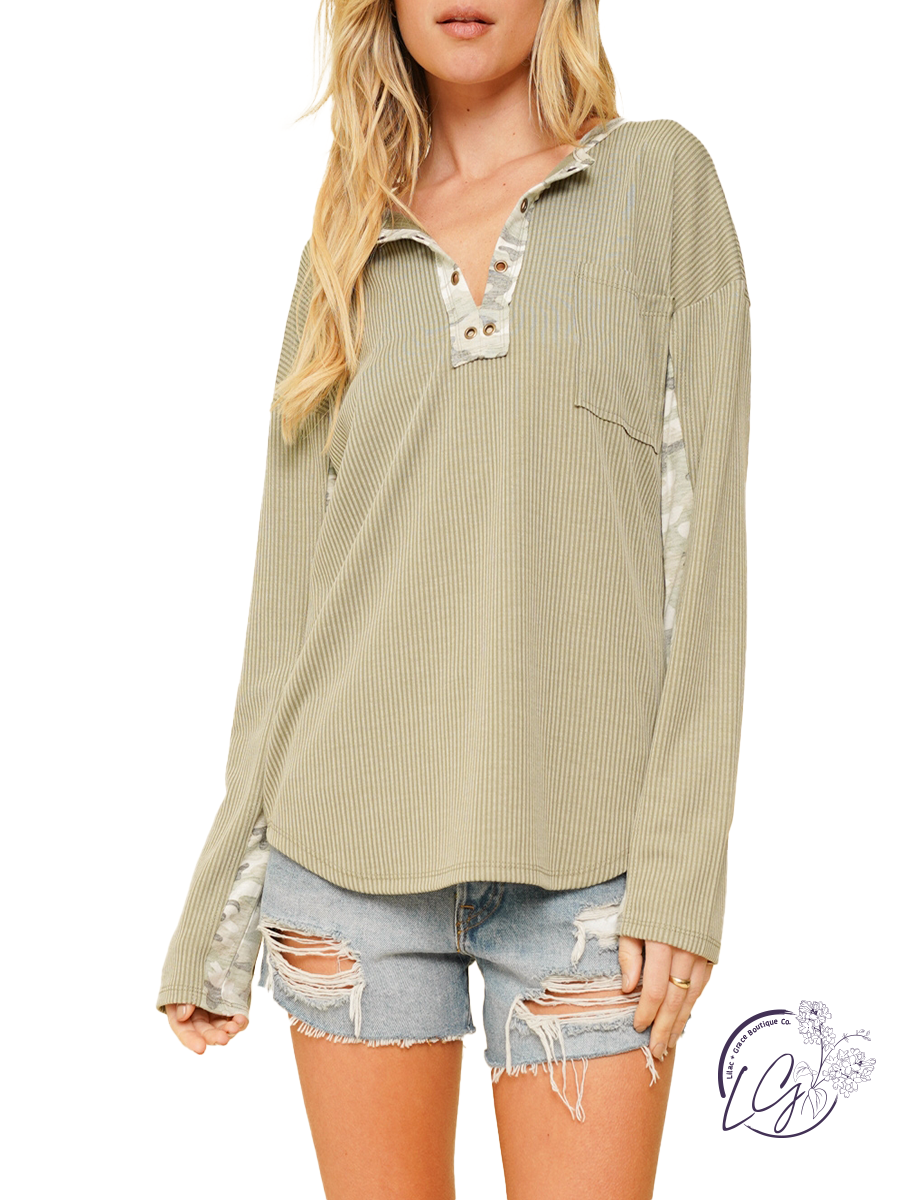 My Point of View Camo Eyelet Henley Top