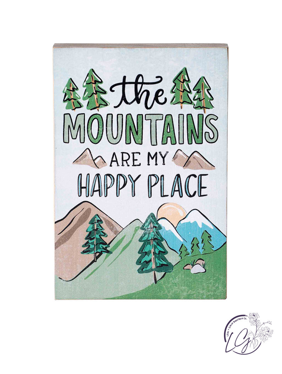 Happy Place Mountains Wood Block