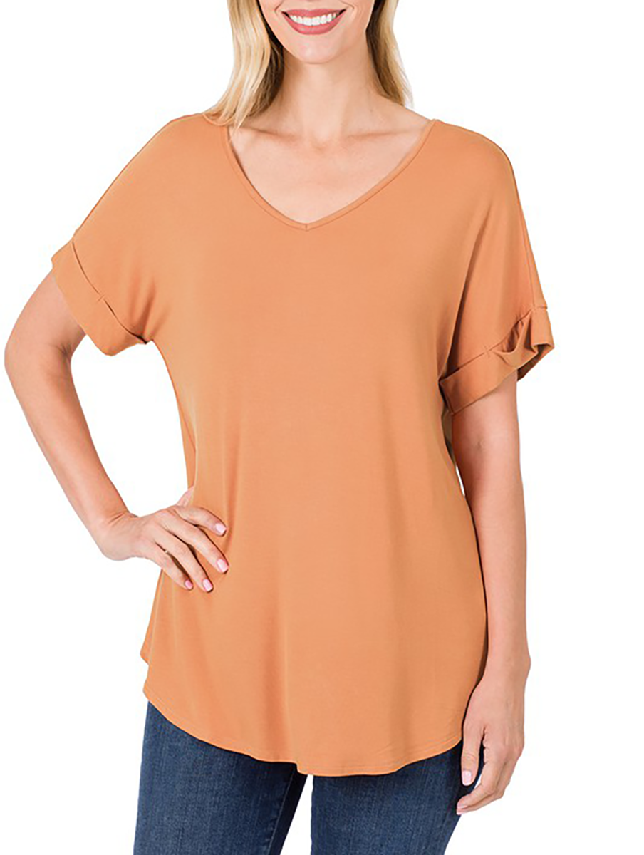 Curvy Must Have V-Neck Cuffed Sleeve Tee