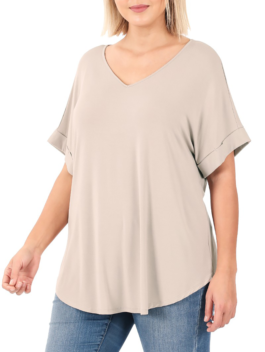 Curvy Must Have V-Neck Cuffed Sleeve Tee