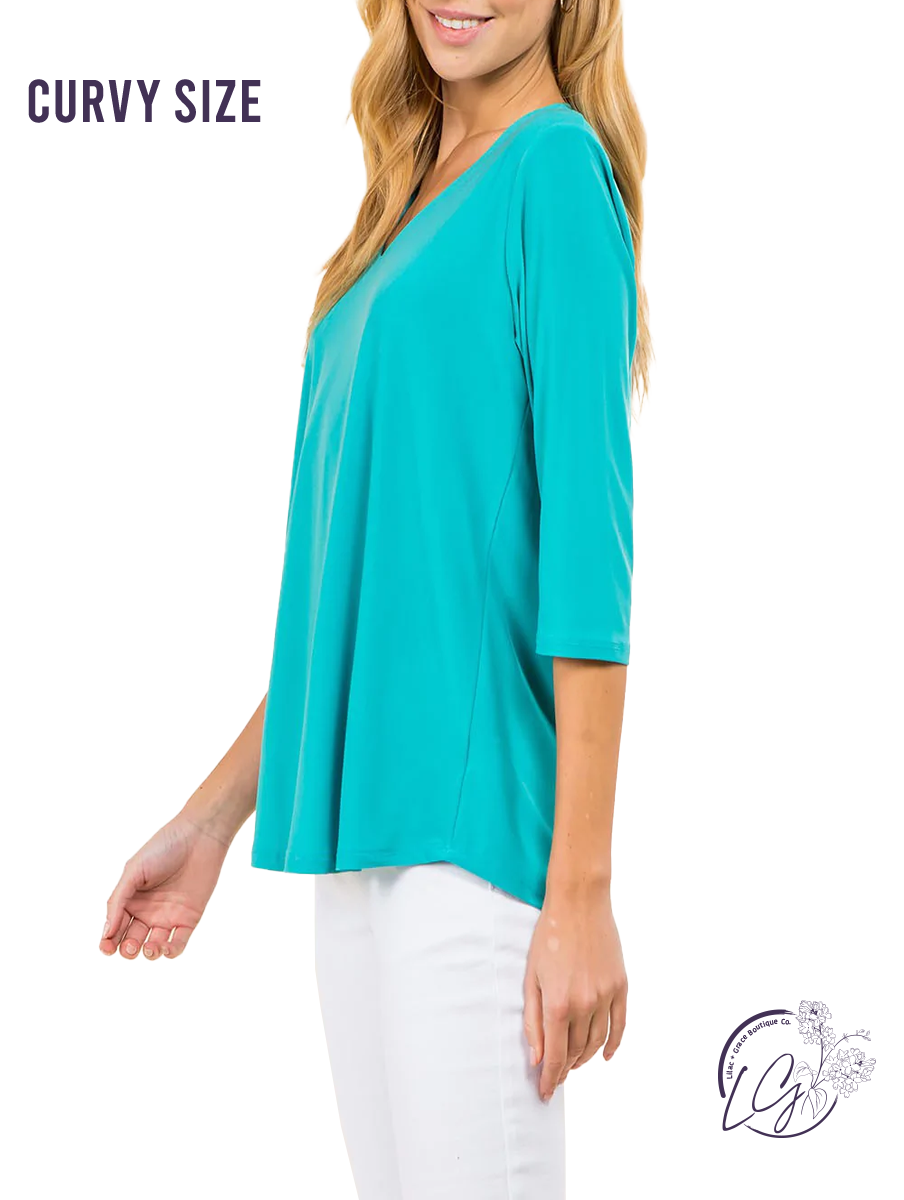 Curvy Wrapped Up V-Neck 3/4 Sleeve Top