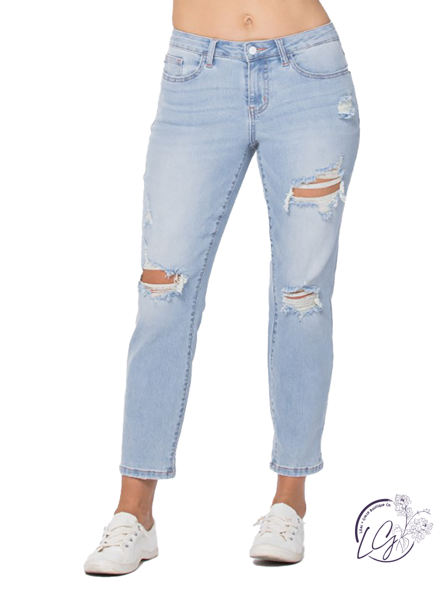 Curvy Elena Mid-Rise Distressed Boyfriend by Judy Blue