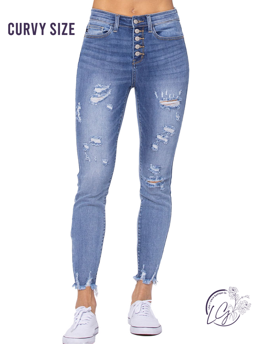 Curvy Mona High-Rise Distressed Button Fly Skinny by Judy Blue