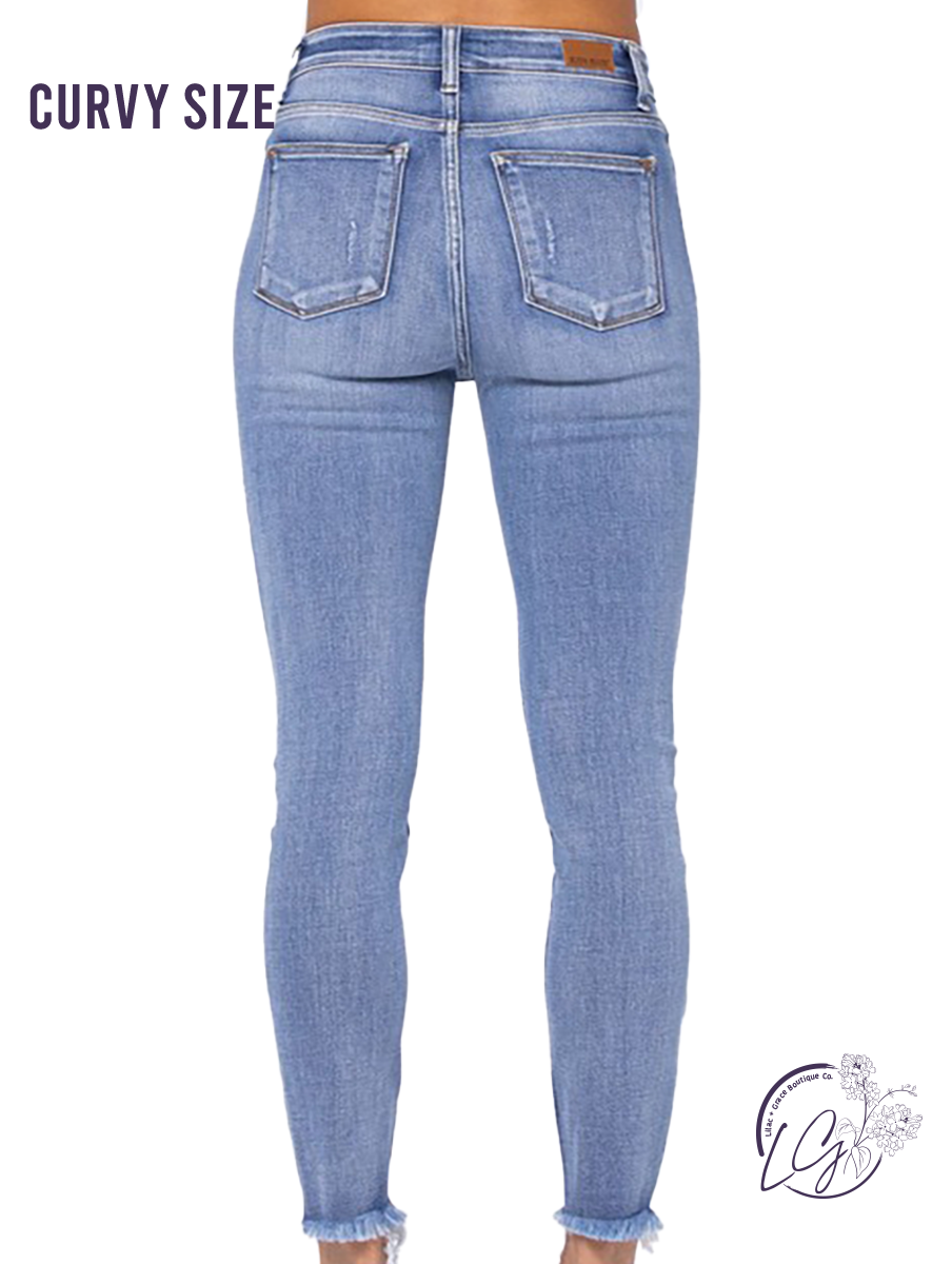 Curvy Mona High-Rise Distressed Button Fly Skinny by Judy Blue