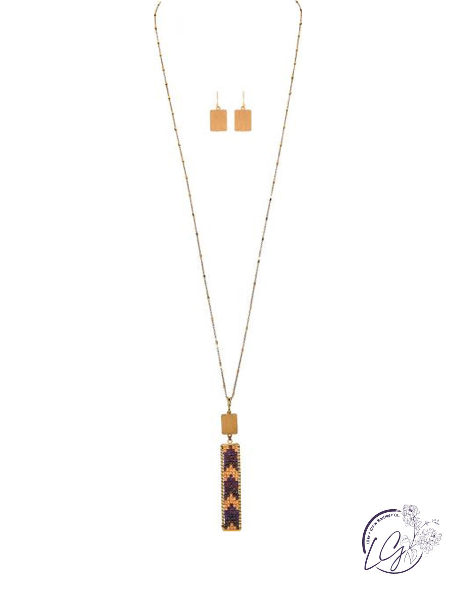 Gold Lavender Bead Bar Pendant Necklace Set