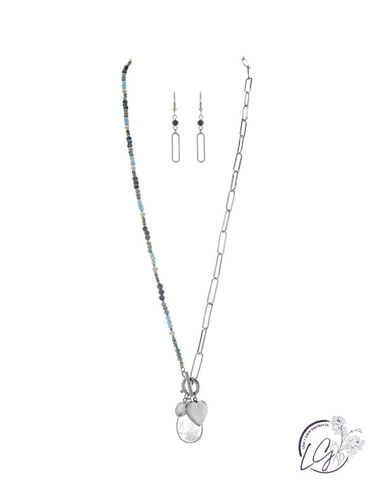 Silver Blue Bead Chain Charm Necklace Set