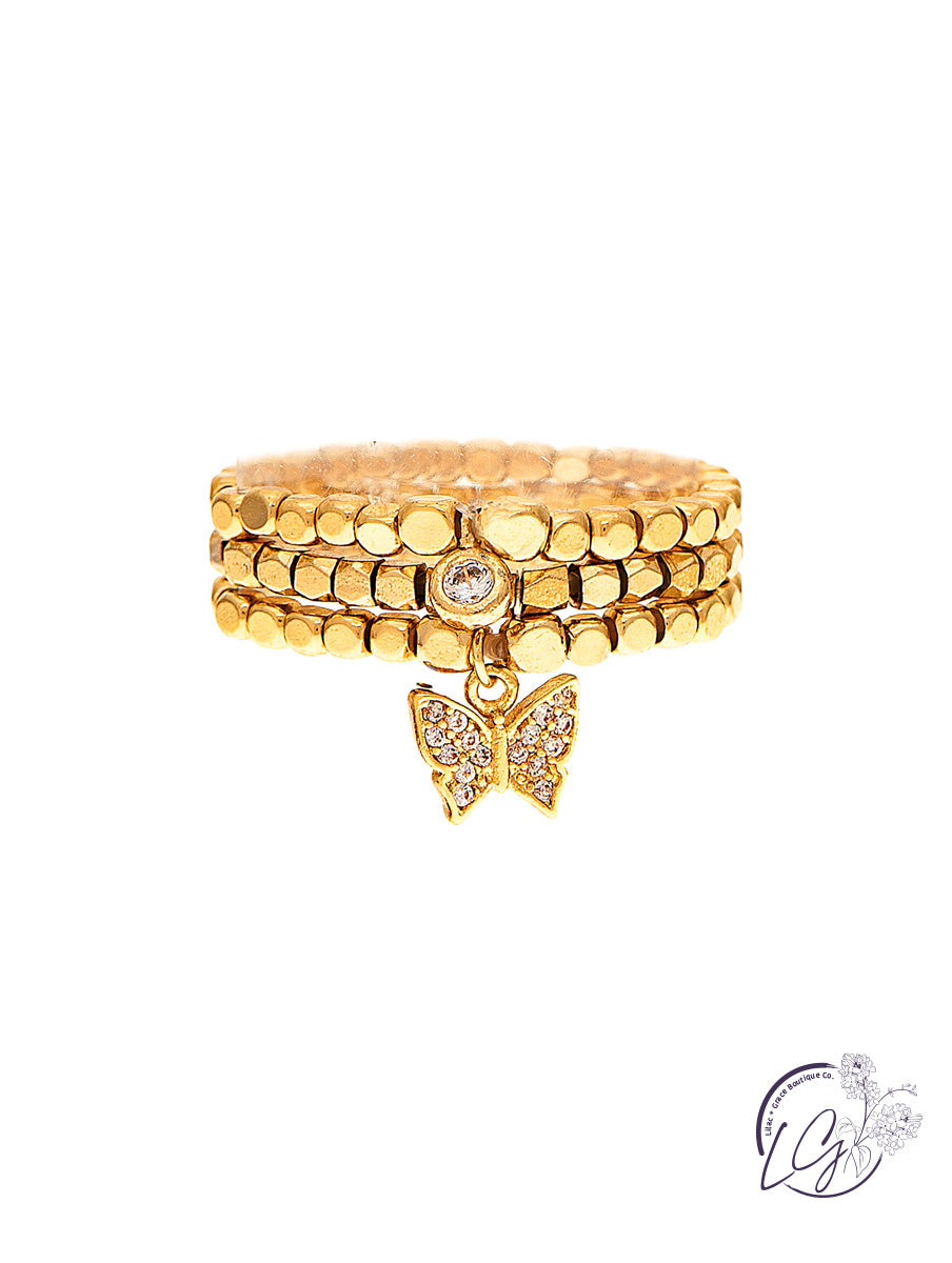 Gold Block Bead Butterfly Ring Set