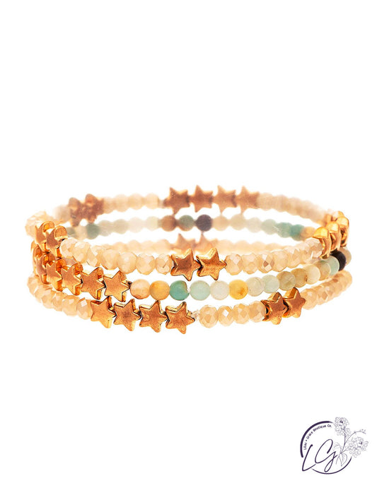 Gold Stars Green Beads Bracelet Set