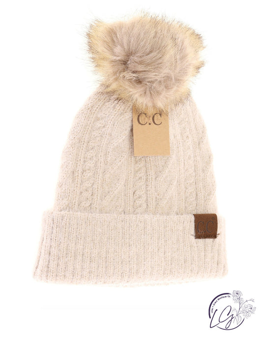 Soft Cuff Cable Knit Fur Pom CC Beanie