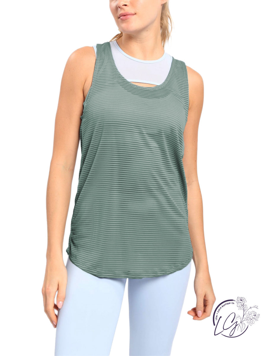 Sheer Striped Mesh Pinched Back Racer Tank