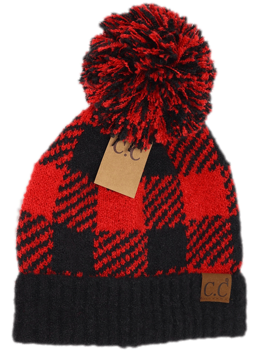 Buffalo Print Jacquard Knit Pom Beanie in Red