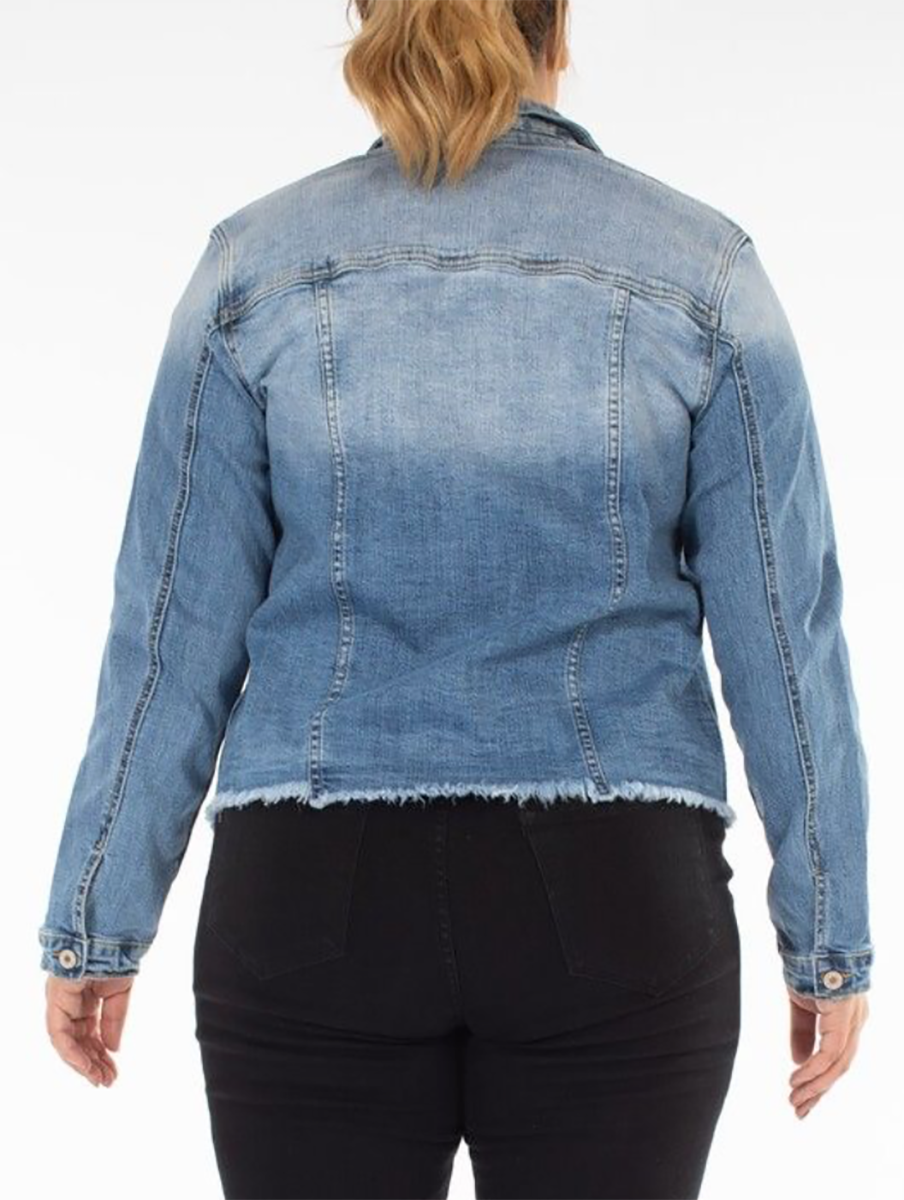 Curvy Claire Slightly Distressed Denim Jacket By KanCan