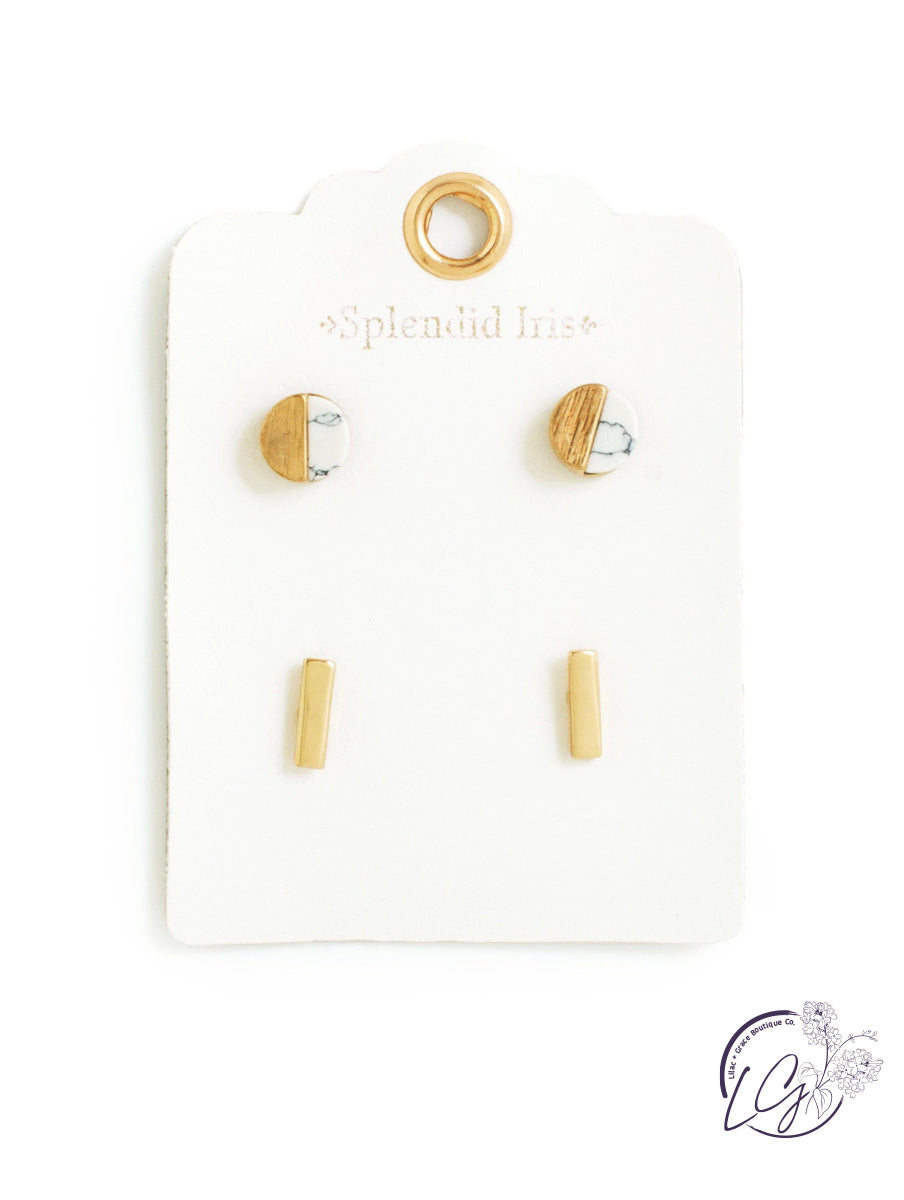 White Marbled and Bar Earring Set in Gold