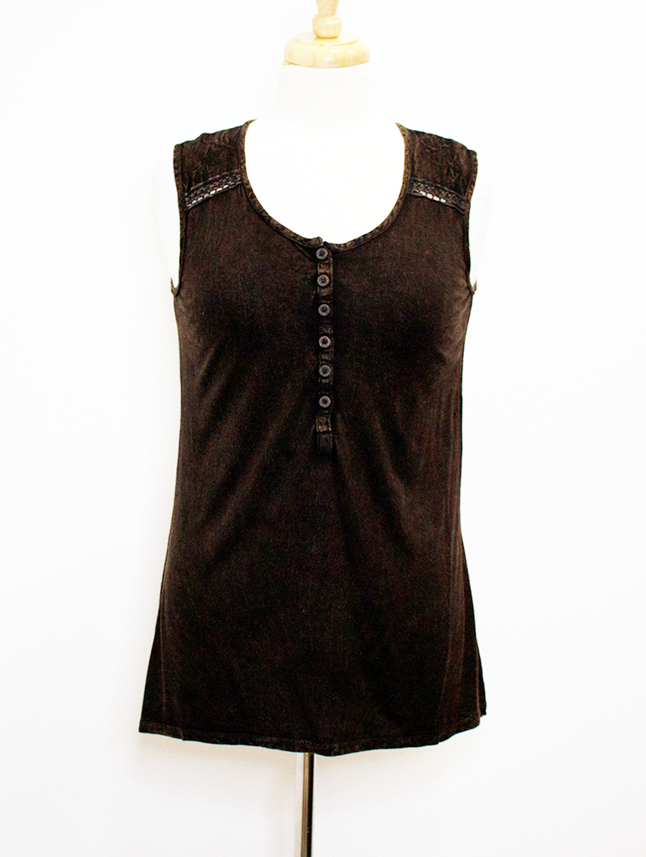 Embroidered Henley Tank in Black