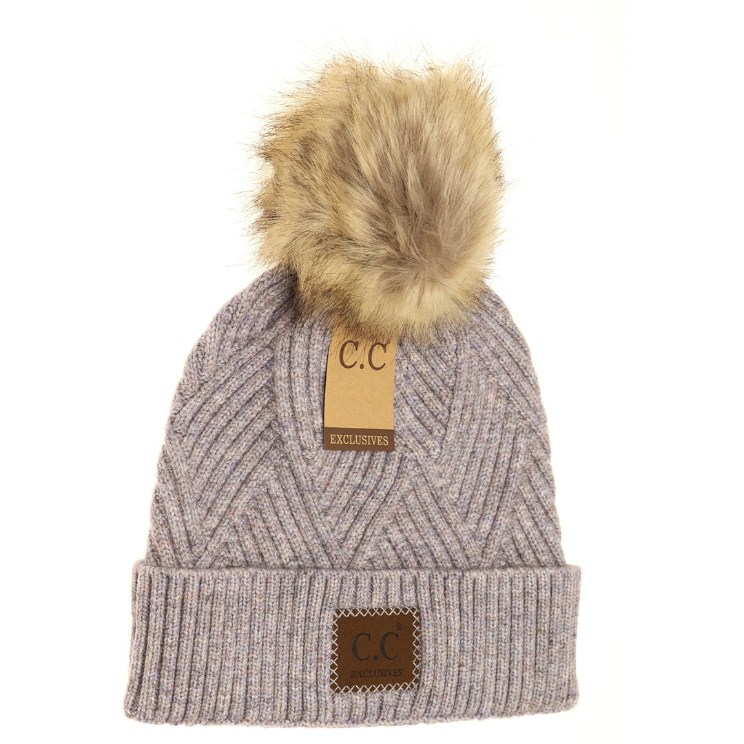 Large Patch Heathered Pom Beanie in Periwinkle