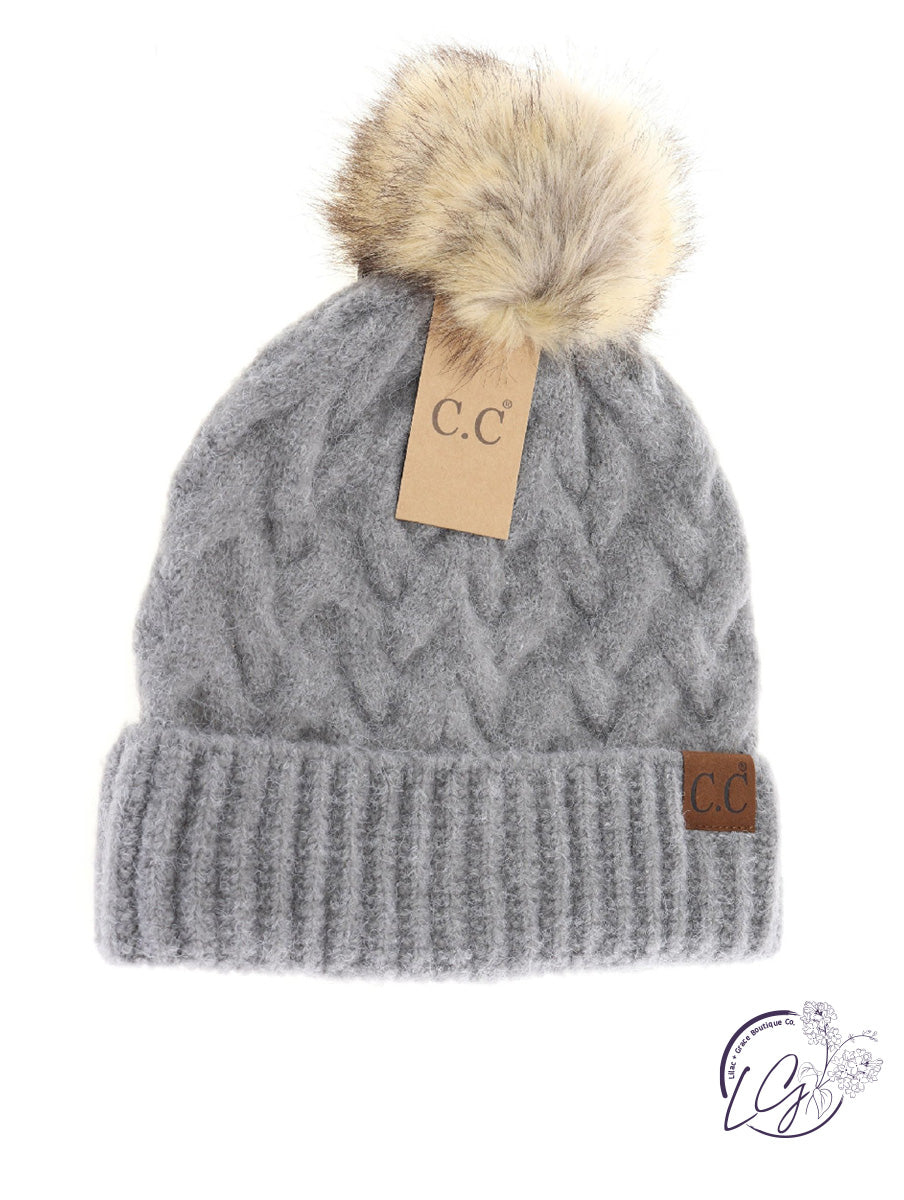 Chunky Braided Cable Knit Fur Pom CC Beanie