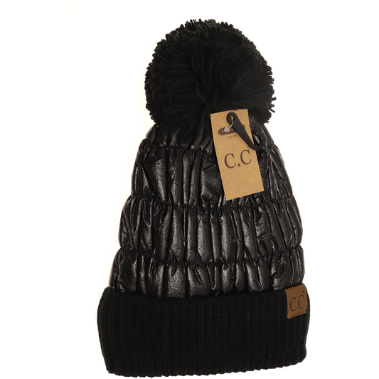 Metallic Knit Pom Beanie in Black