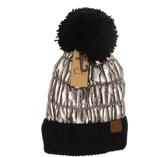 Metallic Knit Pom Beanie in Grey