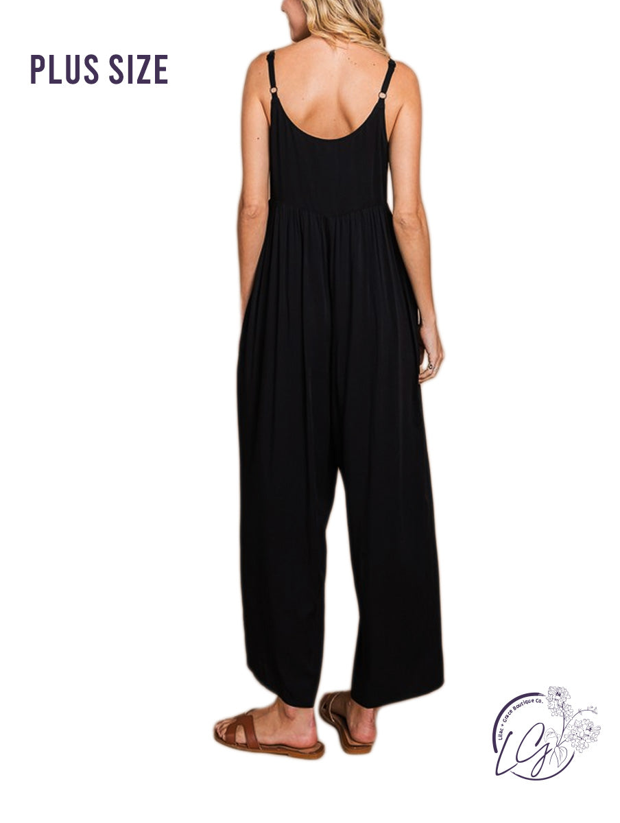 Curvy WIDE LEG BUTTON DOWN ROMPER WITH POCKETS