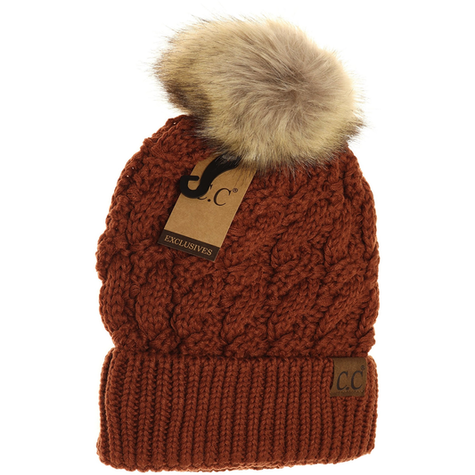 Ribbed Cable Knit Fur Pom Beanie in Rust