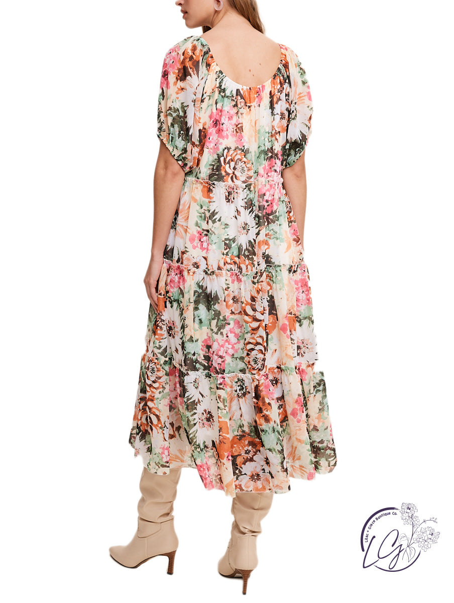 Relaxed and Flowy Flower Print Chiffon Maxi Dress Orange / Small Relaxed and Flowy Flower Print Chiffon Maxi Dress Orange / Small