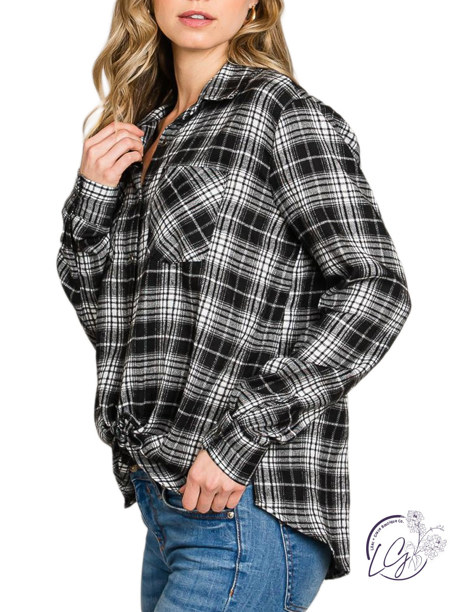 Soft Plaid Button-Down Shirt with Bust Pockets