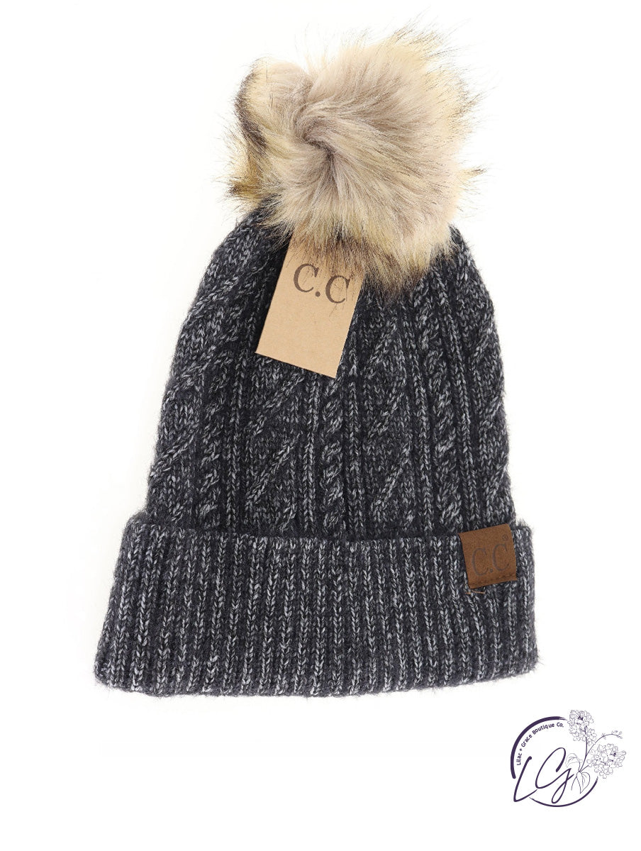 Soft Cuff Cable Knit Fur Pom CC Beanie