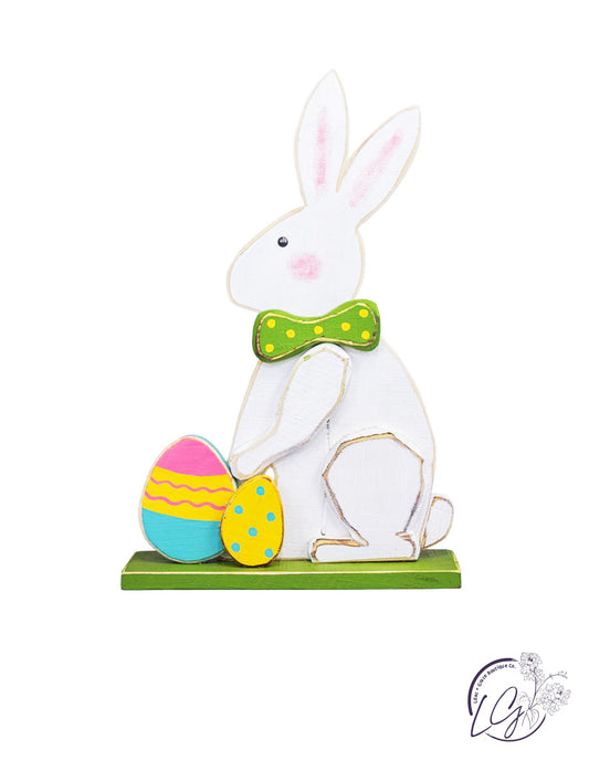 BOWTIE EASTER EGG WOOD BUNNY STANDER