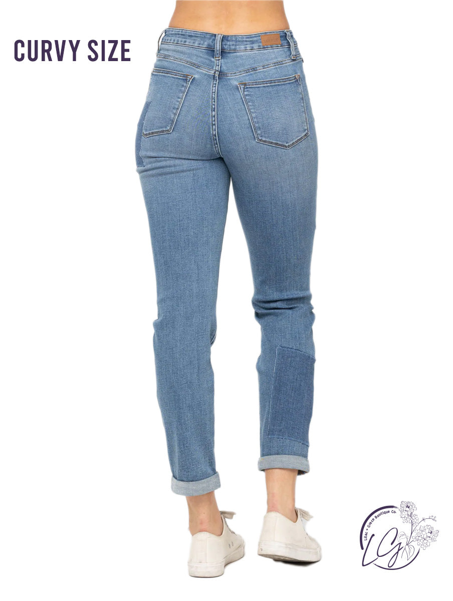 Curvy Eliza High-Rise Patched Boyfriend by Judy Blue