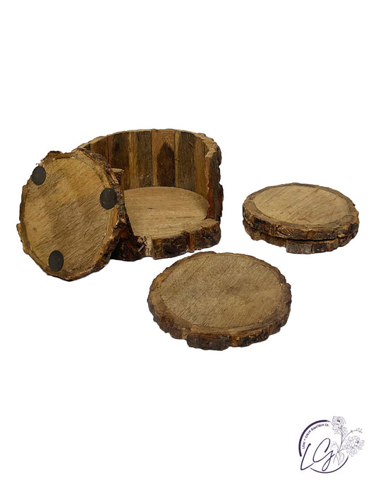 Wood Bark Round Coasters With Bark Caddy