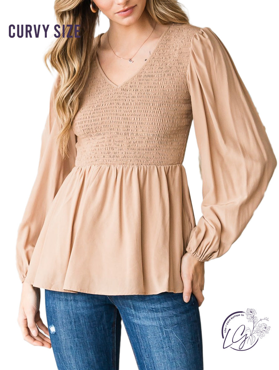 Curvy Lightweight Dream Smocked Bubble Sleeve Top