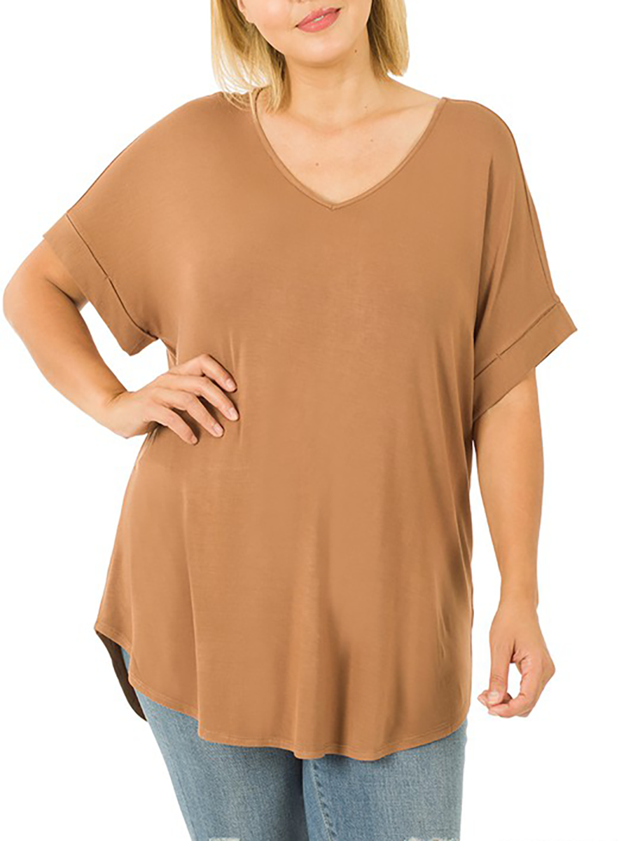 Curvy Must Have V-Neck Cuffed Sleeve Tee