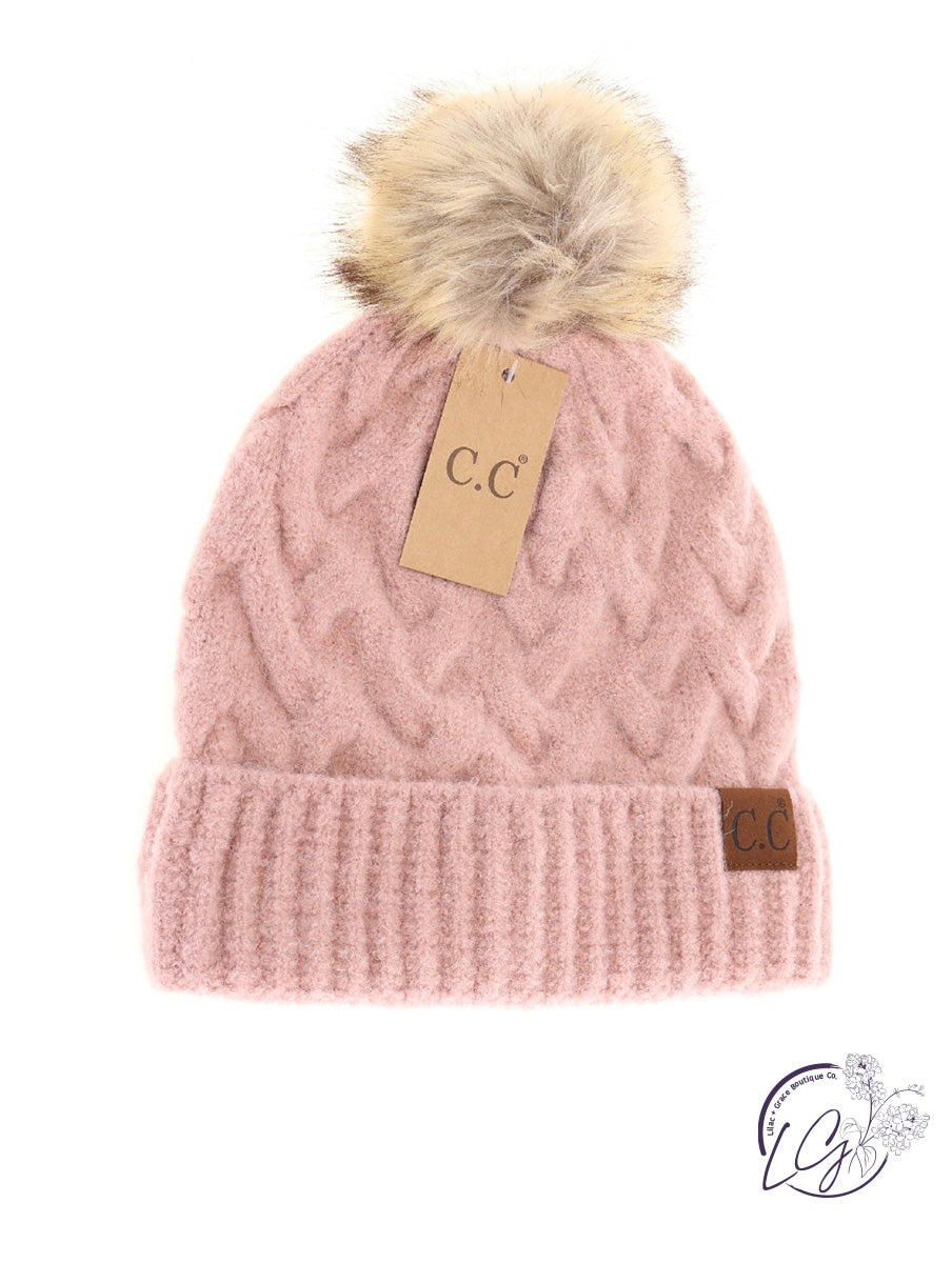 Chunky Braided Cable Knit Fur Pom CC Beanie