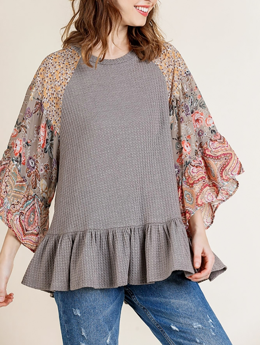 One Day at a Time Floral Top in Mocha Grey