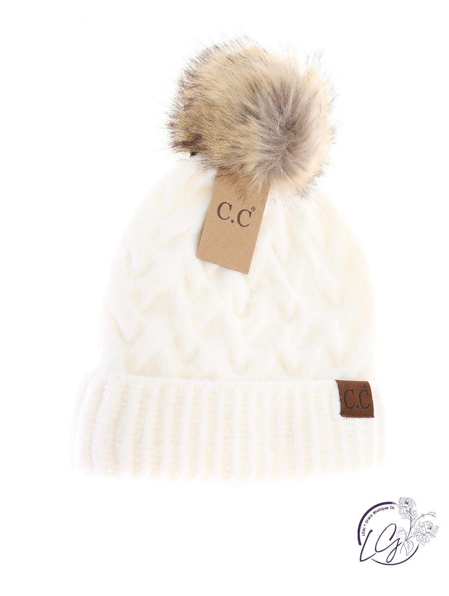 Chunky Braided Cable Knit Fur Pom CC Beanie