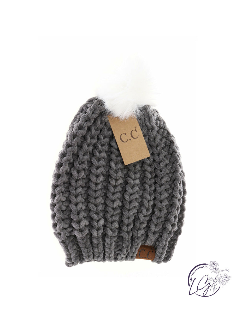 Chenille Chunky Knit Faux Fur Pom CC Beanie