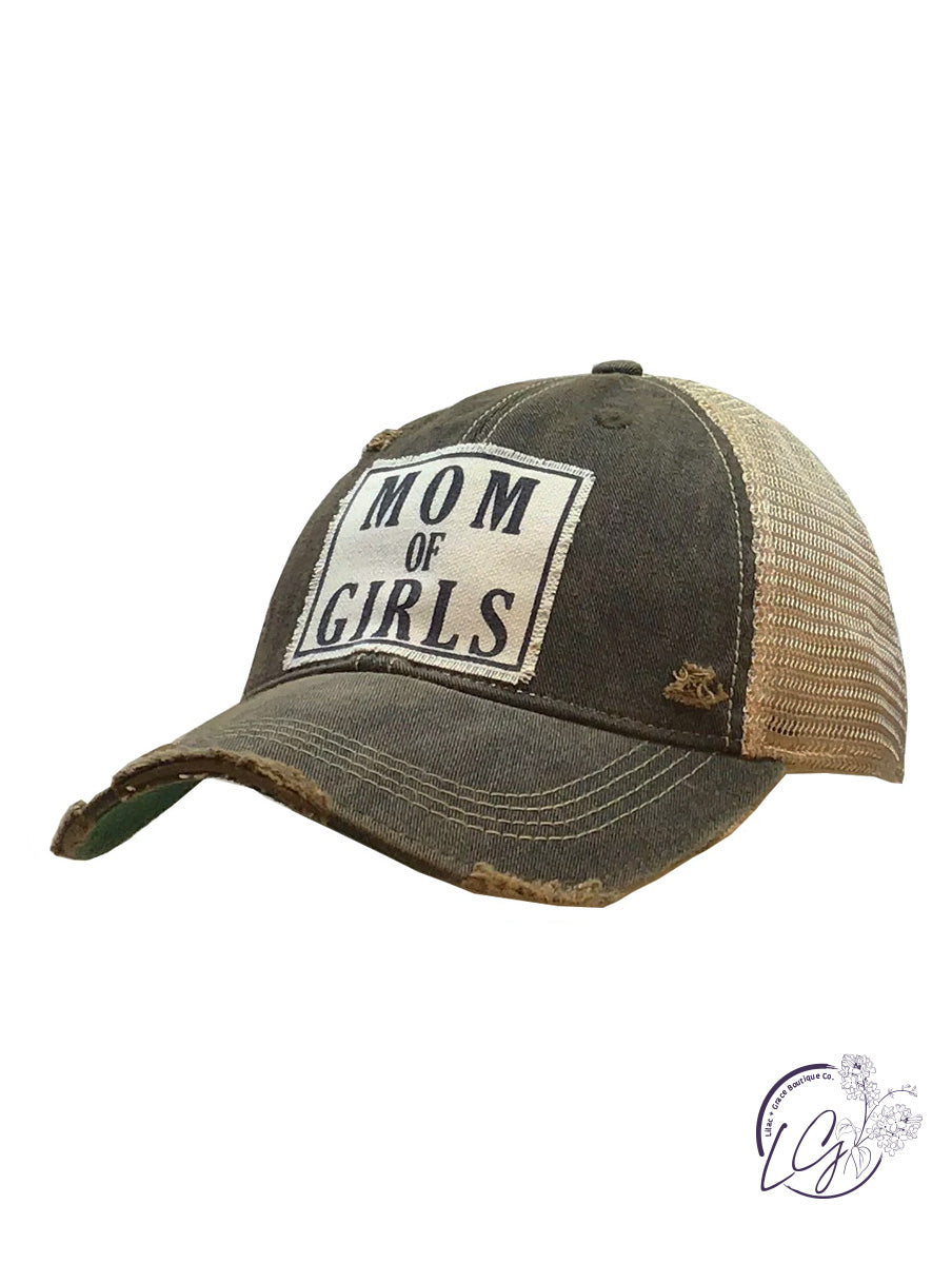 Mom Of Girls Distressed Trucker Hat