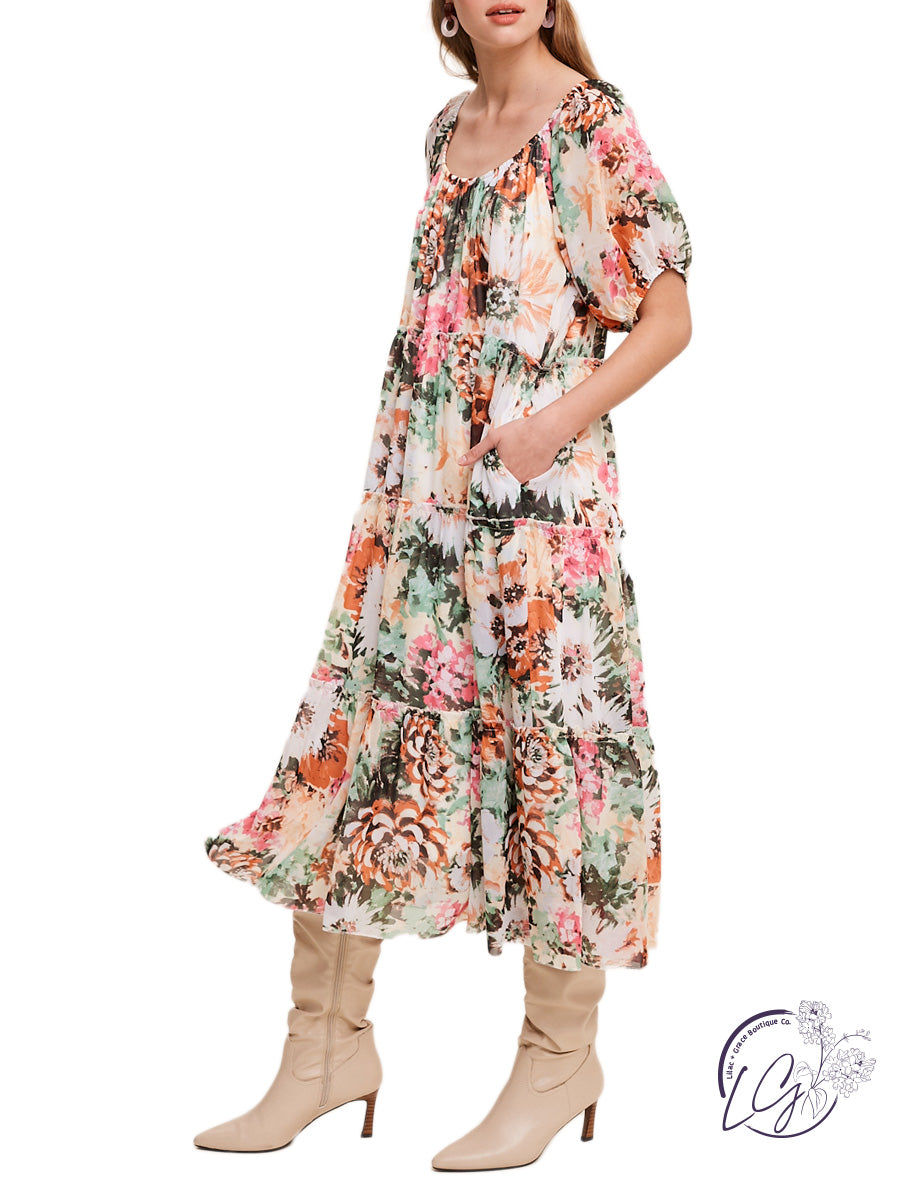 Relaxed and Flowy Flower Print Chiffon Maxi Dress