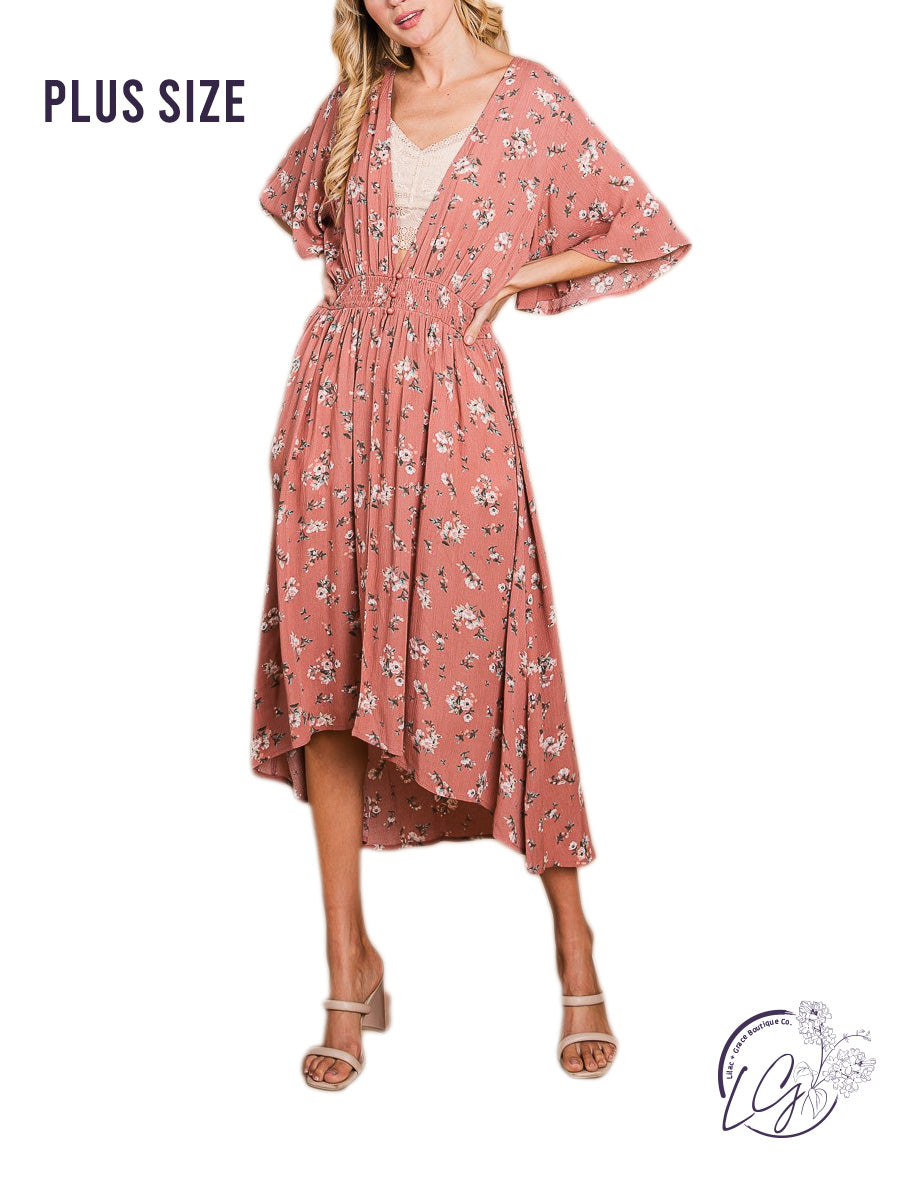 Curvy Floral Hi-Low Cardigan With Smocked Waist