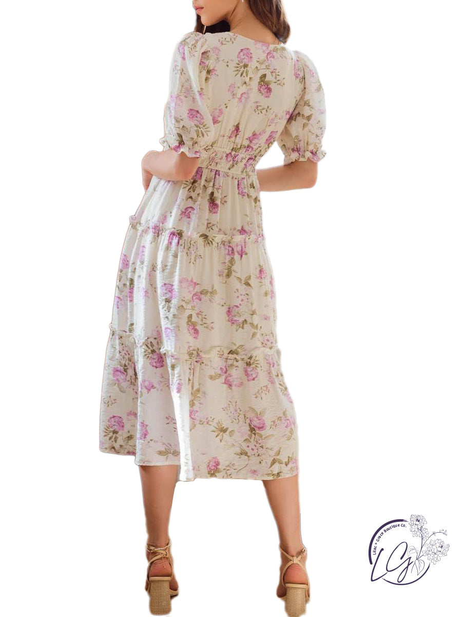 Puff Sleeve Floral Midi Dress