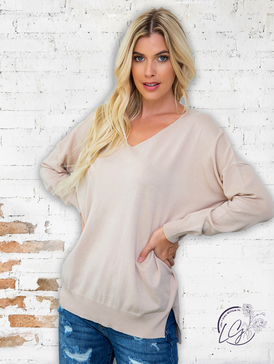 Curvy Daydreamer V-Neck Sweater in Nude