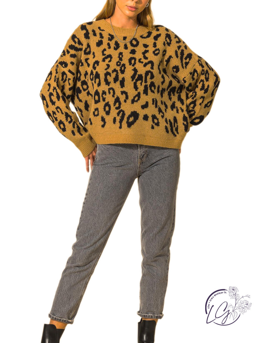 COZY ANIMAL PRINT HIGH-LOW PULLOVER SWEATER