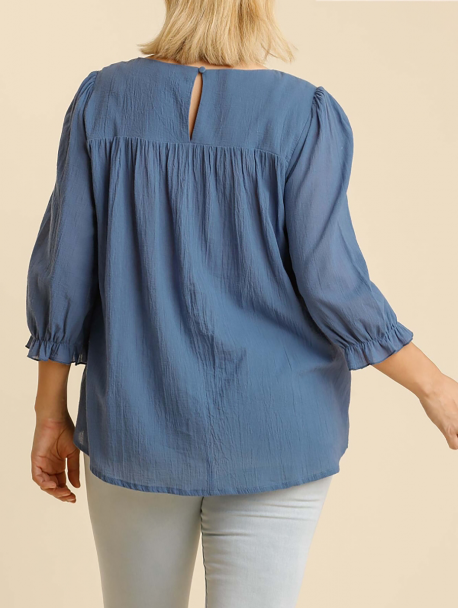 Curvy Let's Find Out Embroidered Top in Denim